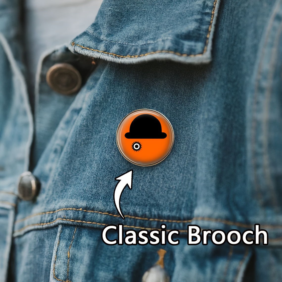 Image of 1pc Packaging ( Color Matching Backpack Sweater Accessory Brooch Pin), Orange Round Badge With Black Top Hat Single , Decoration, Classic Badge, Used As Patch Button For Clothes And Hats