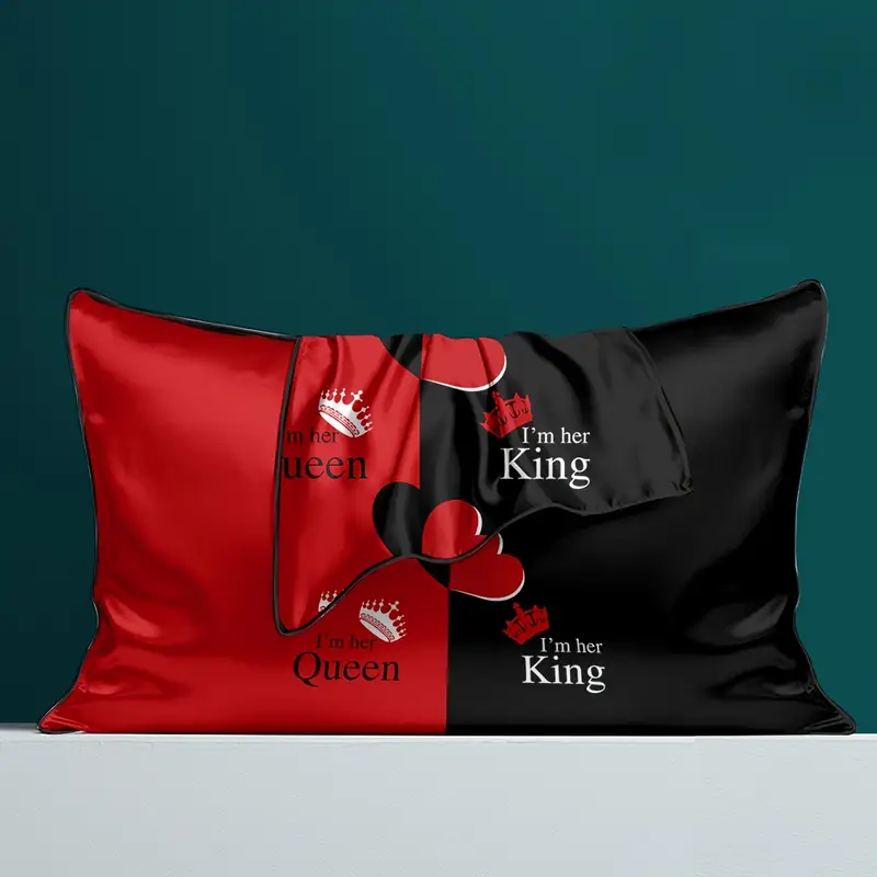 2pcs black red satin pillowcases with heart print im her queen 100 polyester envelope closure bedroom decor machine washable luxury pillow covers accent design smooth texture home decor elegant pillowcases durable material decorative pillowcases Product details 1