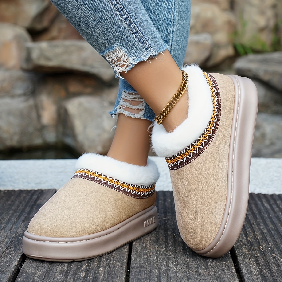 Winter Warm Slippers, Shoe Opening With Fluffy Plush , Shoe Body With Exquisite Ribbon Design, Inner With Comfortable Warm, Wearing It, Keeping You Warm All Winter, Women Shoes