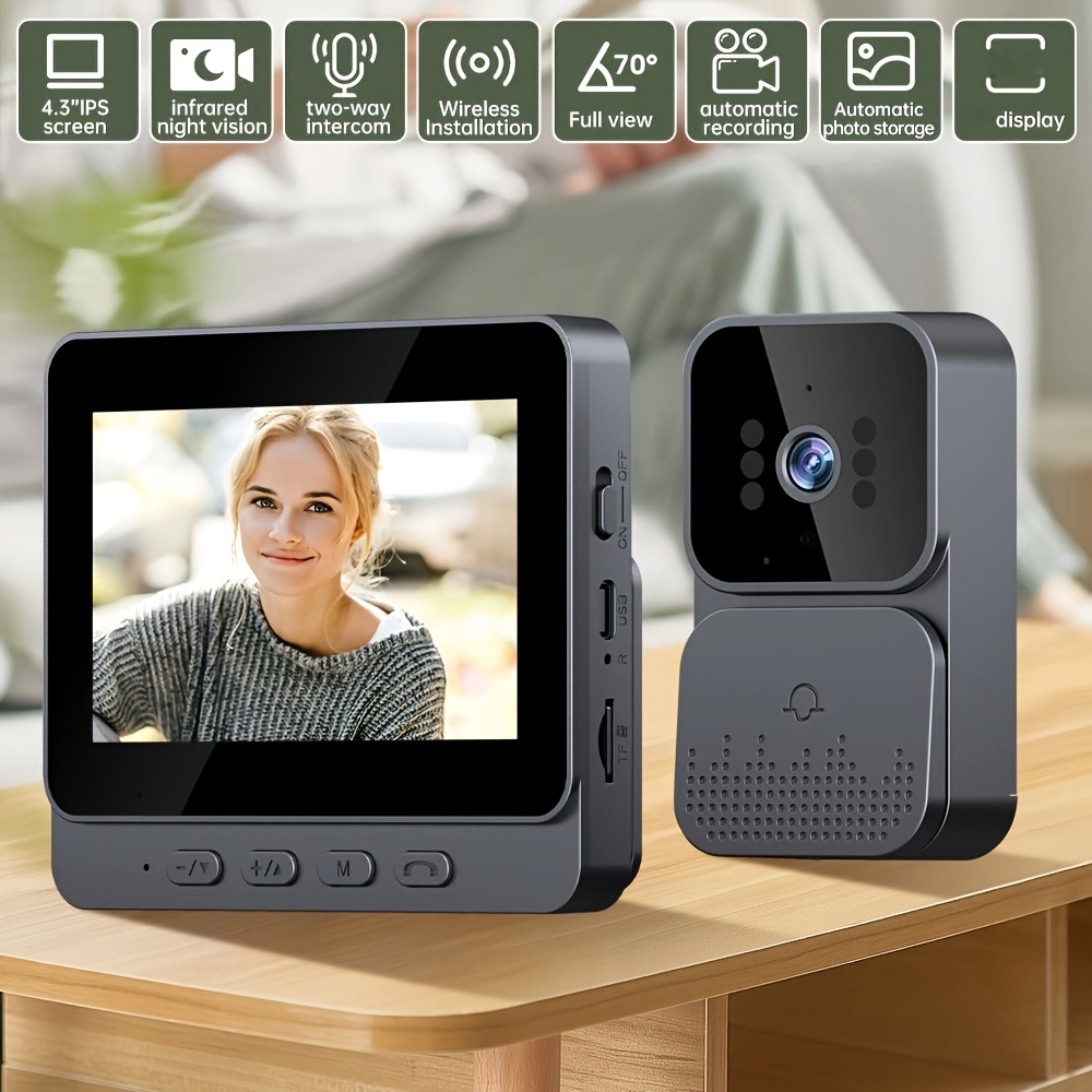 1pc Wireless Video Doorbell, 4.3-inch Screen Display And Doorbell , Wireless -definition Video Monitoring Intelligent Doorbell, 2-way Talk, Night Vision, For Home, Villa, Apartment