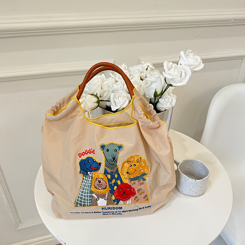 

Embroidered Tote Bag, Foldable Shoulder Bag With Cartoon Dog Design, Multicolor