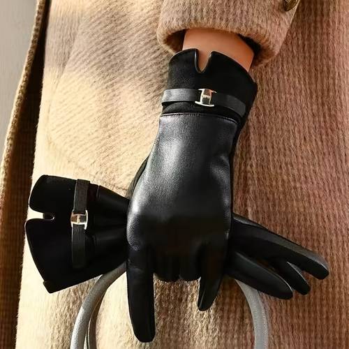 womens pu winter gloves thermal touchscreen compatible thickened plush lining suitable for cold weather driving outdoor cycling smartphone use hand washable warm gloves for smartphones devices