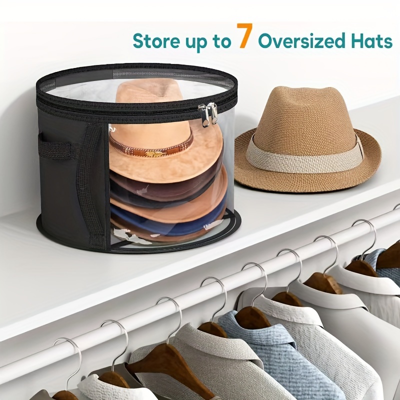 

1pc Clear Portable Collapsible Hat Storage Organizer With Zipper, Large Front Window Design, Fabric Material, Hand Washable - Holds 7 Oversized Hats