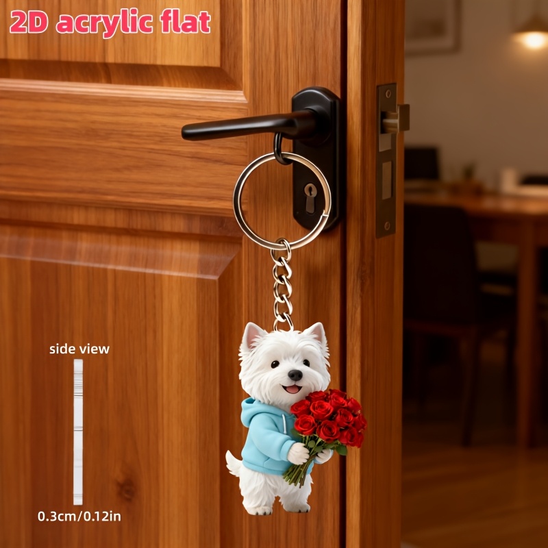 TEMU 2d Flat, 1pc Cute West Highland Holding A Rose Pattern Keychain, Fun 2d Flat Acrylic Design Multi-functional Keychain, Key Ring Decoration,