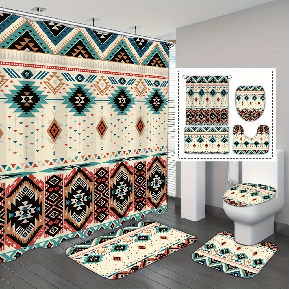 

1/4pcs Traditional Ethnic Pattern Shower Curtain Set, Shower Curtain 12 , Bath Mat, U-shaped Mat, Mat, Bathroom Decor Accessories