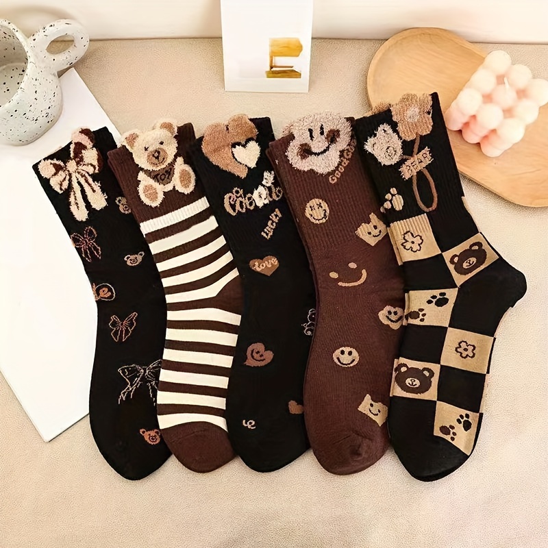 

5 Pairs Women's Mid Calf Socks, Polyester 95% Spandex 5% Knit Fabric, Pattern With Bear, Heart & , Machine Washable, 300g/m² Weight