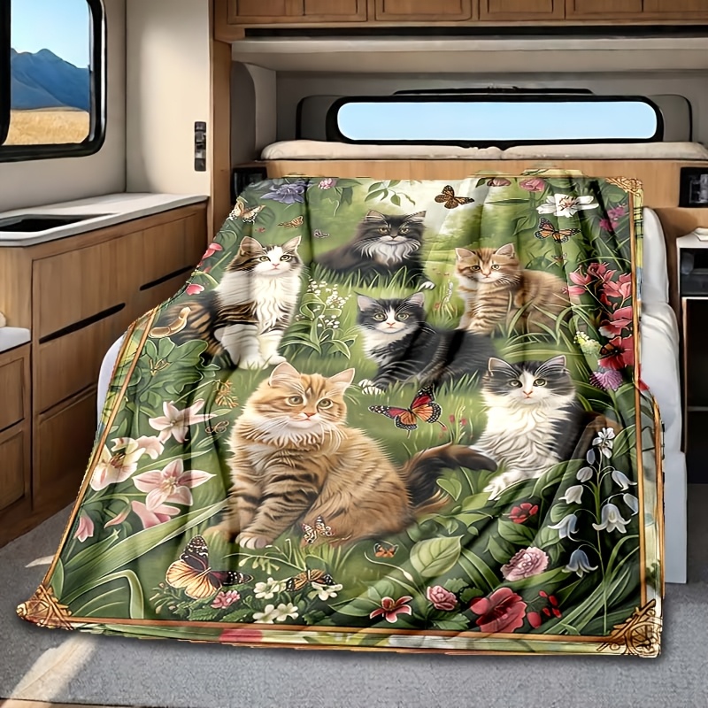 

Style Cat Pattern Printed Rv Decoration Portable Blanket For Office