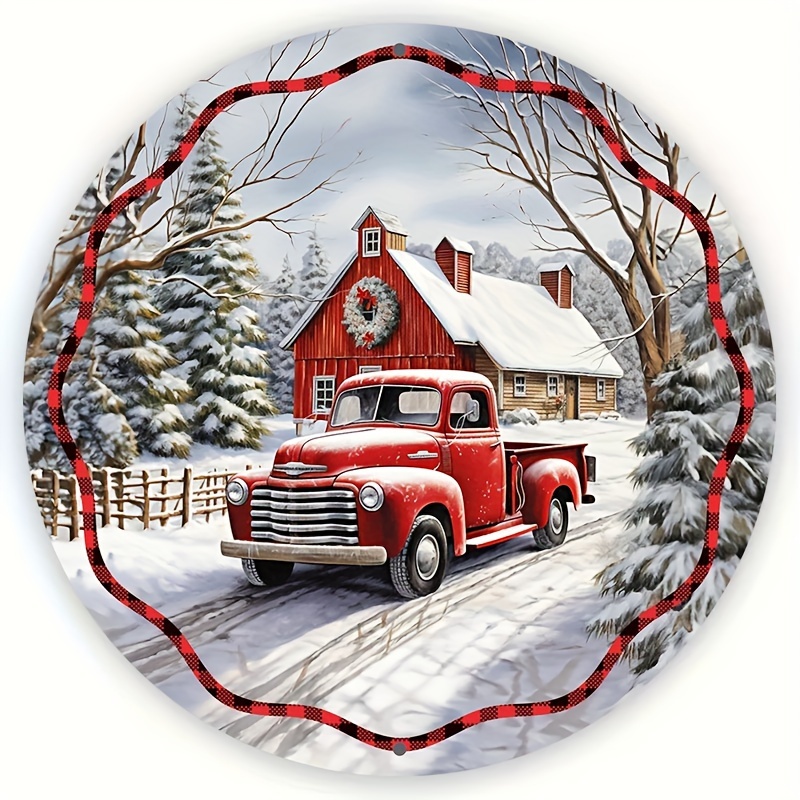 

Country Red Truck Christmas Wreath Sign: 8\"x8\" Round Aluminum Sign, Perfect For Indoor Decor, Vehicle Theme, No Feather, Wall Art, No Electricity Required