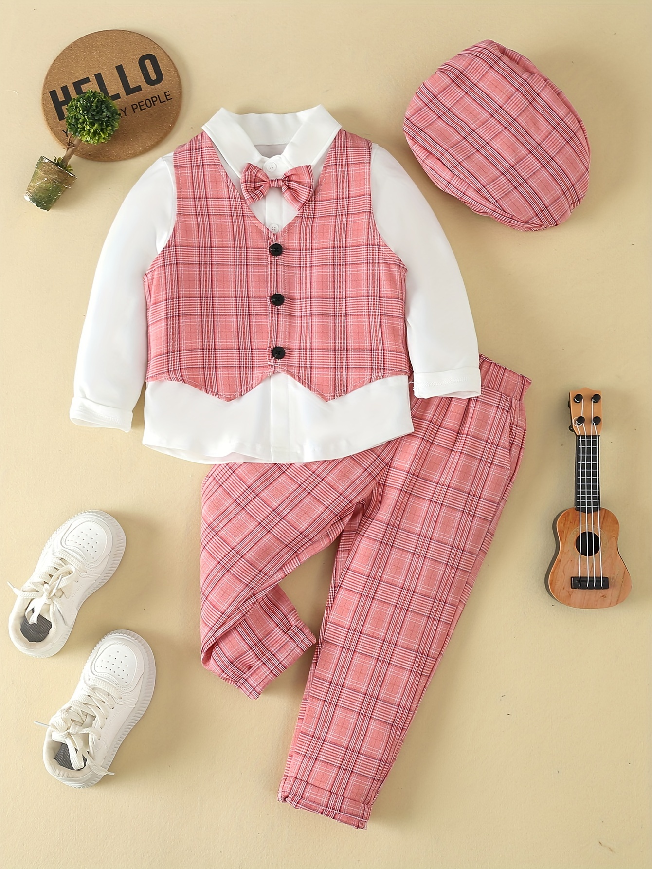 4PCS Boys Formal Gentleman Outfits Long Sleeve Bowtie Shirt&pants&vest&hat Kids Clothing Set For Competition Performance Wedding