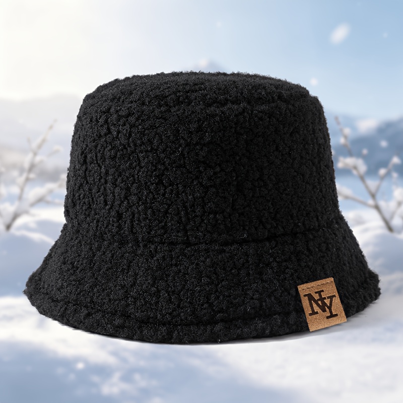 TEMU 1pc Unisex Overlapping Autumn/winter Warm Lambswool Fisherman Hat, Stylish Y2k Streetwear Cold-proof Versatile Wide-brim Plush Bucket Hat,