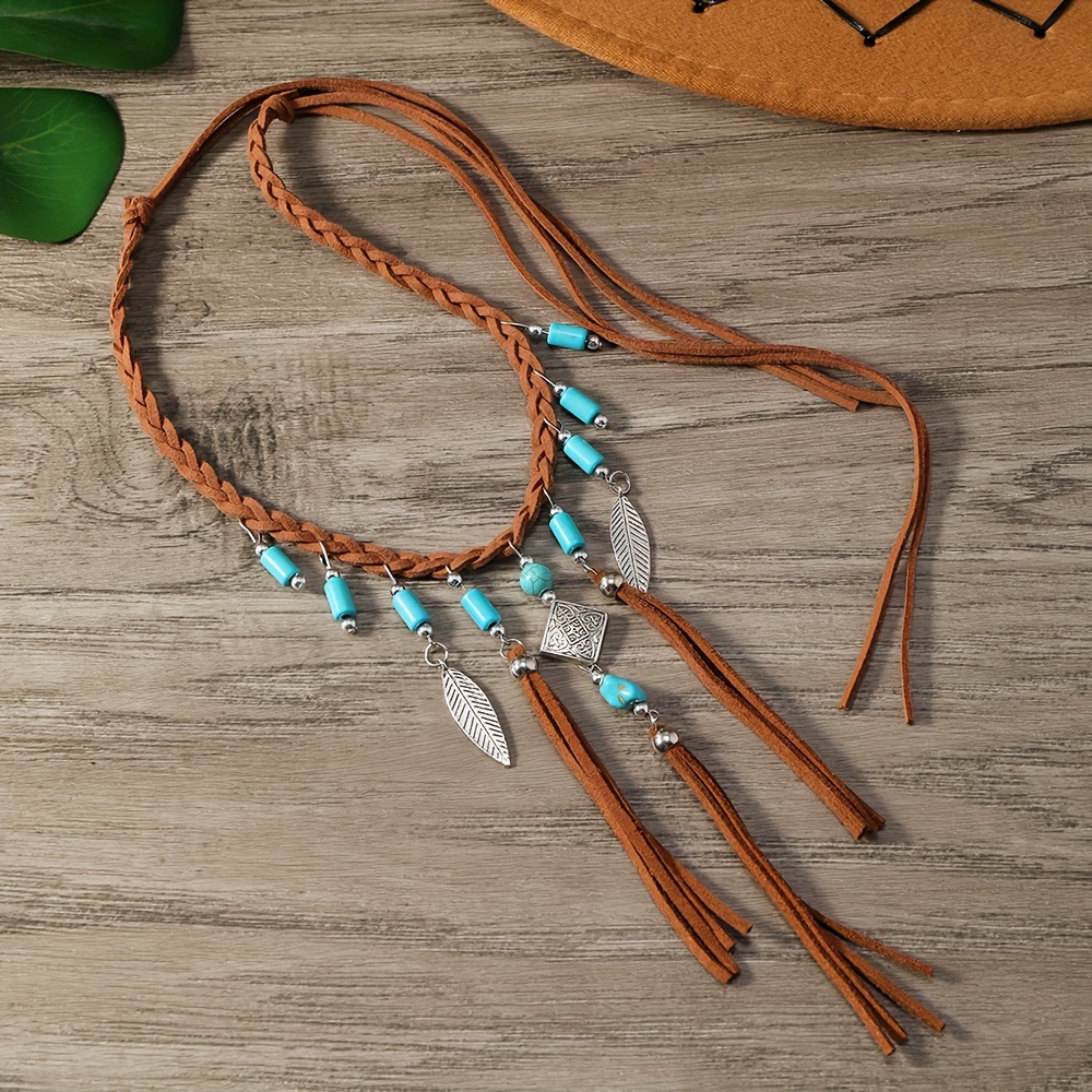 Bohemian Vintage Style PU Leather Choker Necklace with Turquoise Beads