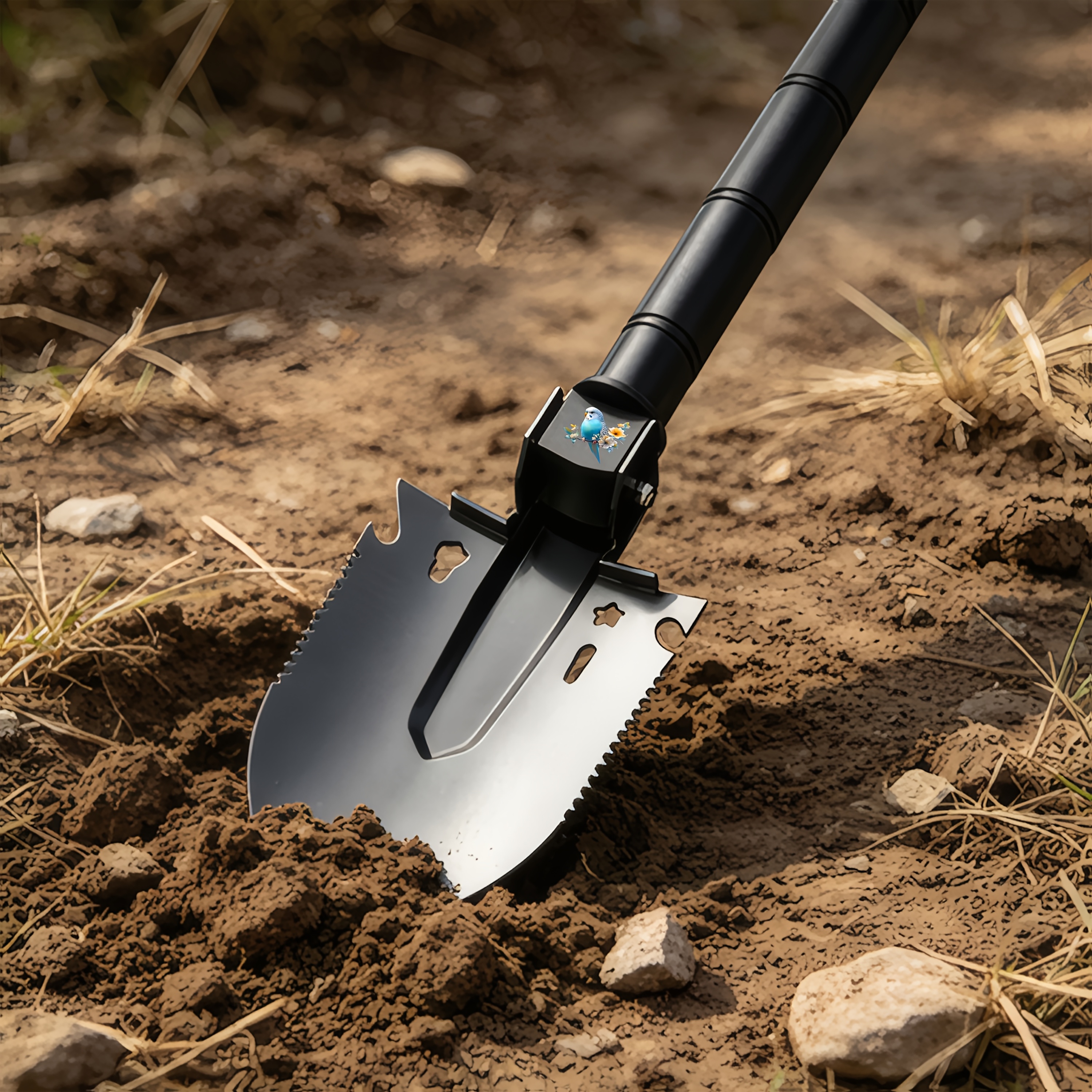 Multi-Functional Shovel with Blue and White Tiger-Striped Design