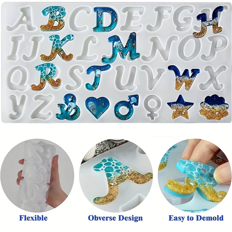 TEMU 1pc Alphabet Resin Silicone Mold, Silicone Molds For Resin Casting Diy, 26 English Letters Plus 6 Kinds Of Patterns Silicone Mold, Bag Keychain