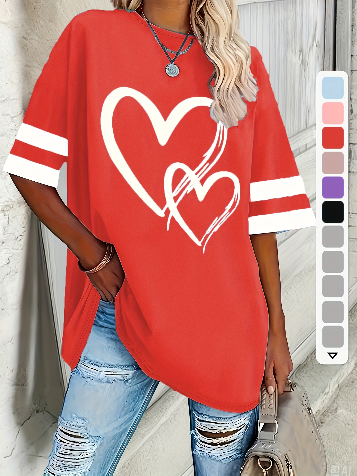 Women'S Plus Size Casual Short Sleeve T-Shirt with Elegant Heart Design - Soft, Comfortable Pullover for Spring/Summer/Fall, Plus Size Blouses