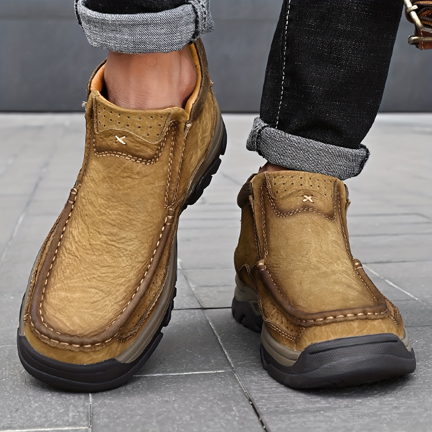 Herr höga läderloafers klassiska slip on vardagsskor för utomhusbruk, vandring, avslappnad klädsel, bekväm ovandel i äkta läder med halkfri gummisula, vardagsskor, slipon loafers, slitstarka gummisuladetaljer 9