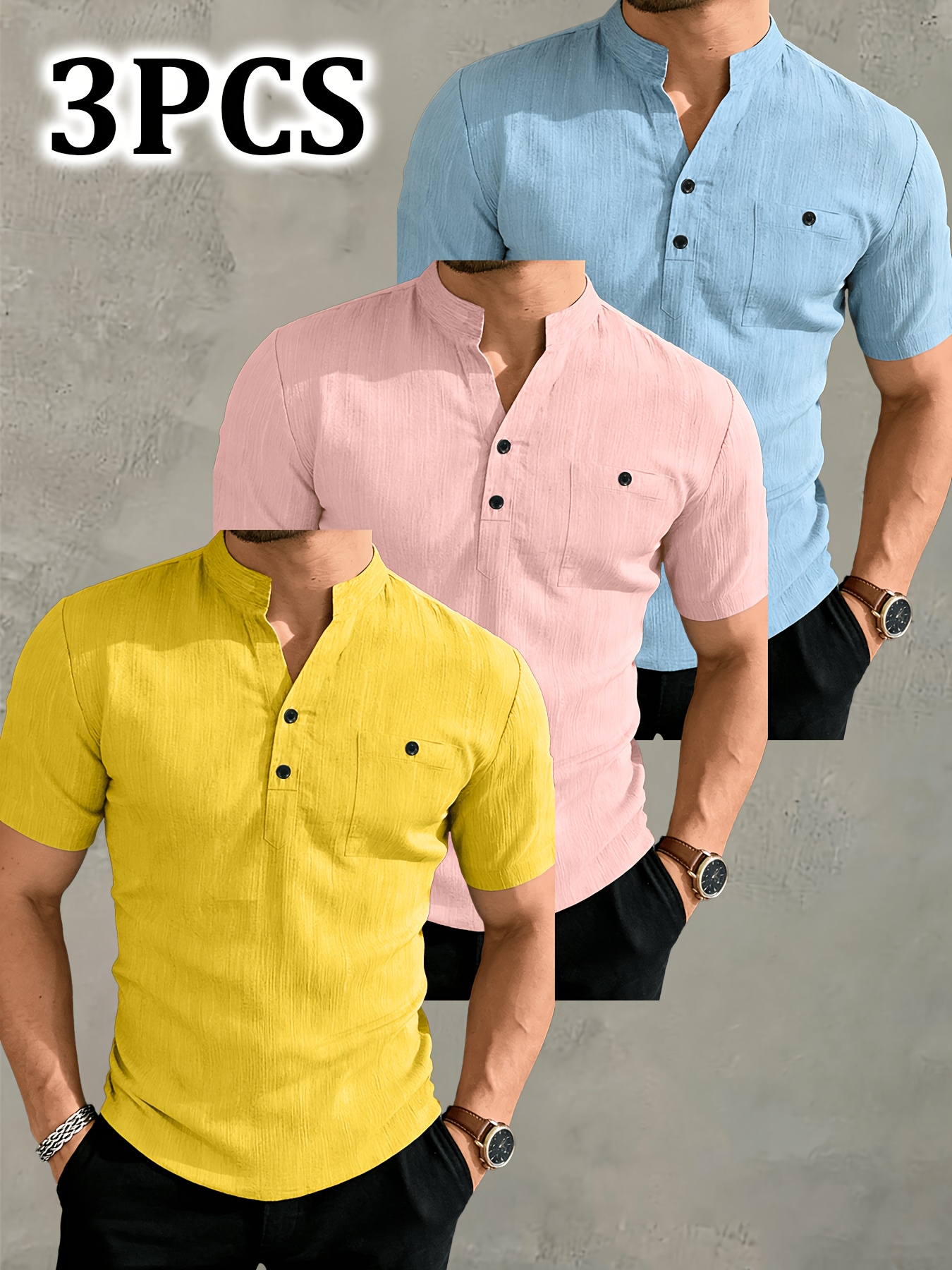 JOSHIMAY Obm 3pcs Set Men'S High Quality Summer Short Sleeve Henley Shirt T-Shirt Men'S Clothing Top, Suitable for Golf Outdoor Camping Fishing And Daily Casual Wear