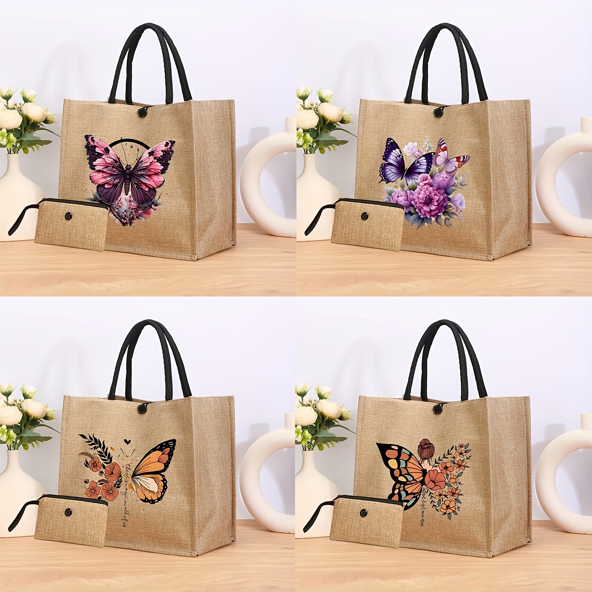 

2pcs Polyester Material Large Capacity Tote Bag With Makeup Bag, Butterfly Pattern Bag For Vacation Use