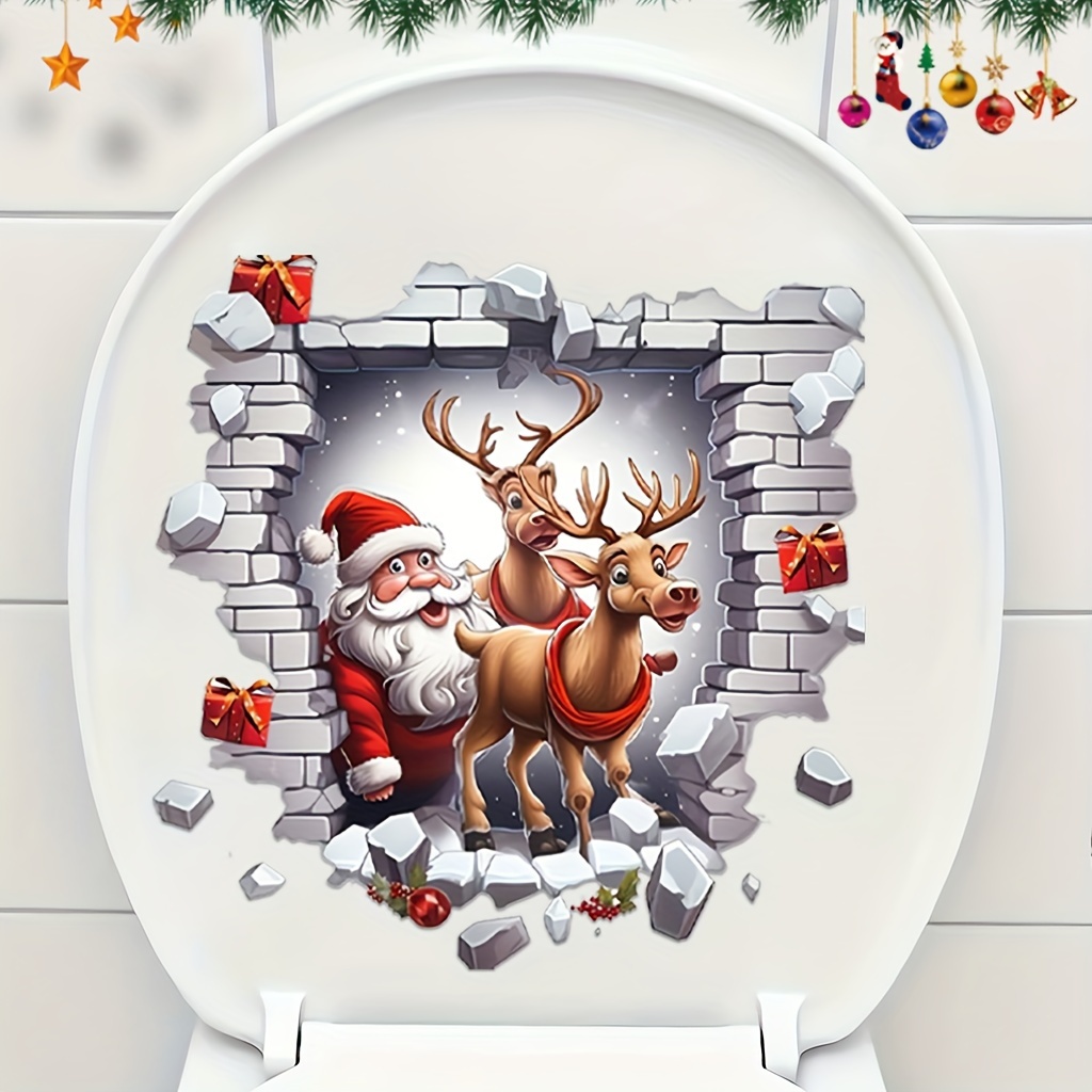 

Christmas Reindeer & Santa Claus Bathroom Toilet Lid Decal, Vinyl Self-adhesive Waterproof Removable Sticker, Festive Holiday Decoration For Plastic Surfaces With 3d Brick Effect, Reusable - 1 Piece