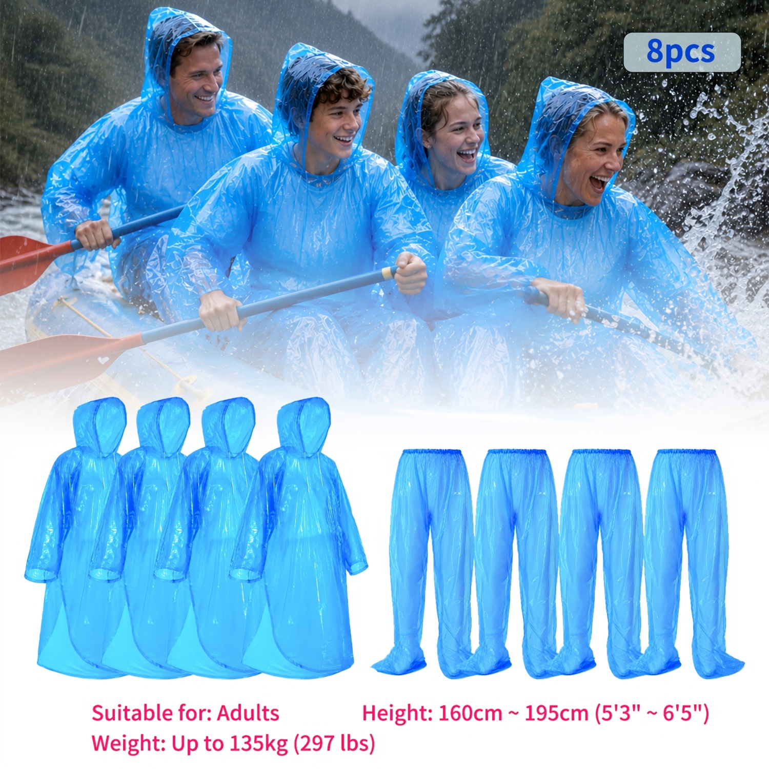 TEMU 8pcs Disposable Thickened Rainwear Set, Hooded Pullover Rain Ponchos With Foot-covered Elastic Waist Pants, Suitable For Family Outdoor Travel,