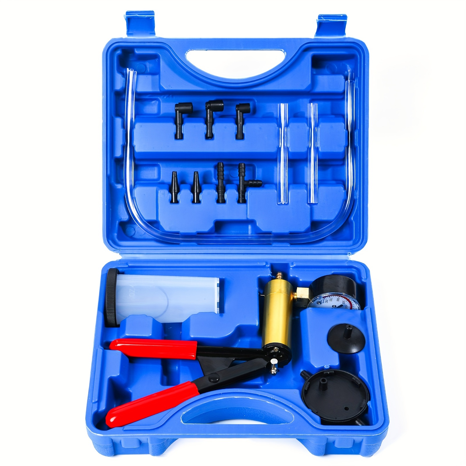 

Kit de pompe à vide manuelle portable et de de purge de frein avec adaptateurs, manomètre et étui - Outil automobile pour le remplacement de liquide de frein et de diagnostic