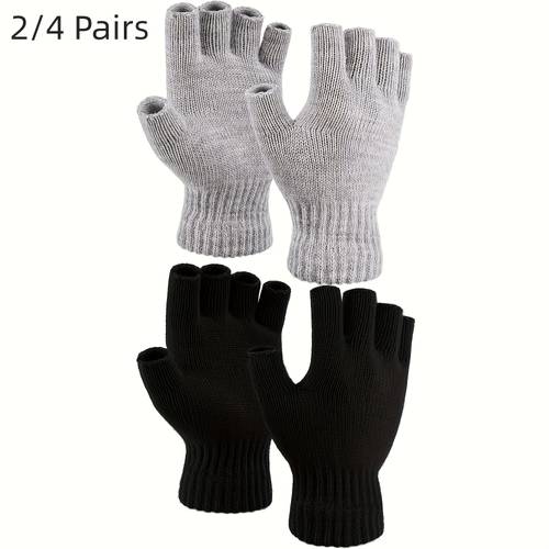 2 4 pairs half finger gloves winter touchscreen compatible thermal windproof gloves for men women elastic cuffs solid color black grey casual outdoor cold weather gloves winter gloves stylish halffingers