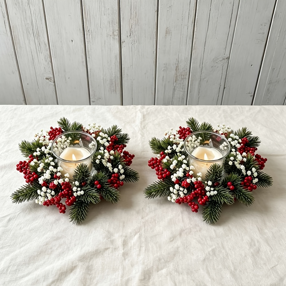 TEMU 2pcs Set Of Artificial Candle Rings/candlestick Decorations (with Red Berries, Pinecones, And 's Breath), Suitable For Home, Christmas, Doorway,