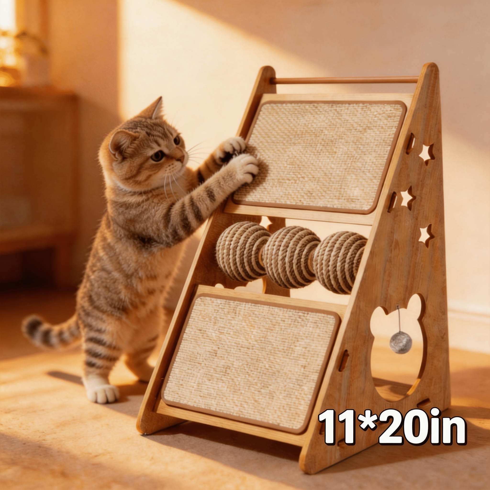 Cat Scratcher, Wooden Cat Scratching House With Hanging Ball, Cat Scratch Pad For Wall And Couch, For Indoor Kittens