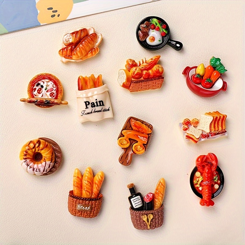 12 piece set of     toast egg tart refrigerator magnets cute miniature magnetic food decals for kitchen office cabinets dishwashers ideal for photos notes humorous fridge decor plastic rectangle shaped details 1