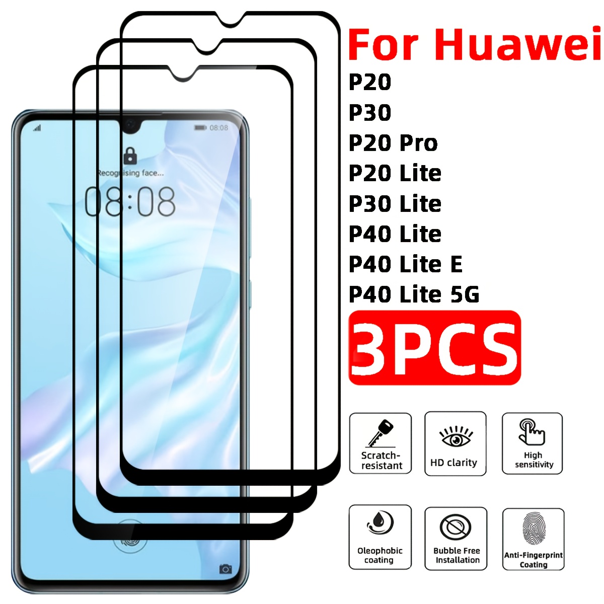 Image of 3pcs Full-coverage Tempered Glass Screen Protector, Suitable For Huawei P20 / P30 / P20 Pro / P20 Lite / P30 Lite / P40 Lite / P40 Lite E / P40 Lite 5g, Scratch-resistant, Anti-fingerprint