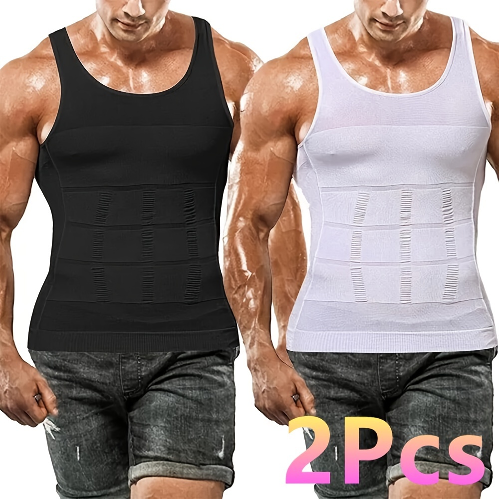 TEMU 2-pack Tank Tops For Men - Spandex & Nylon Blend Slimming Shirt - Athletic Waist Trimmer & Back Support For Father's Day Gift - Breathable,