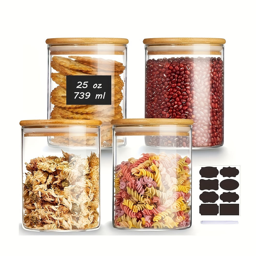 TEMU 25oz Round Glass Food Storage Jars Set Of 4, Glass Storage Containers Clear Glass Food Canister With Bamboo Lid Airtight For Serving Tea, Coffee, Flour, Sugar, Candy, Cookie, Spice