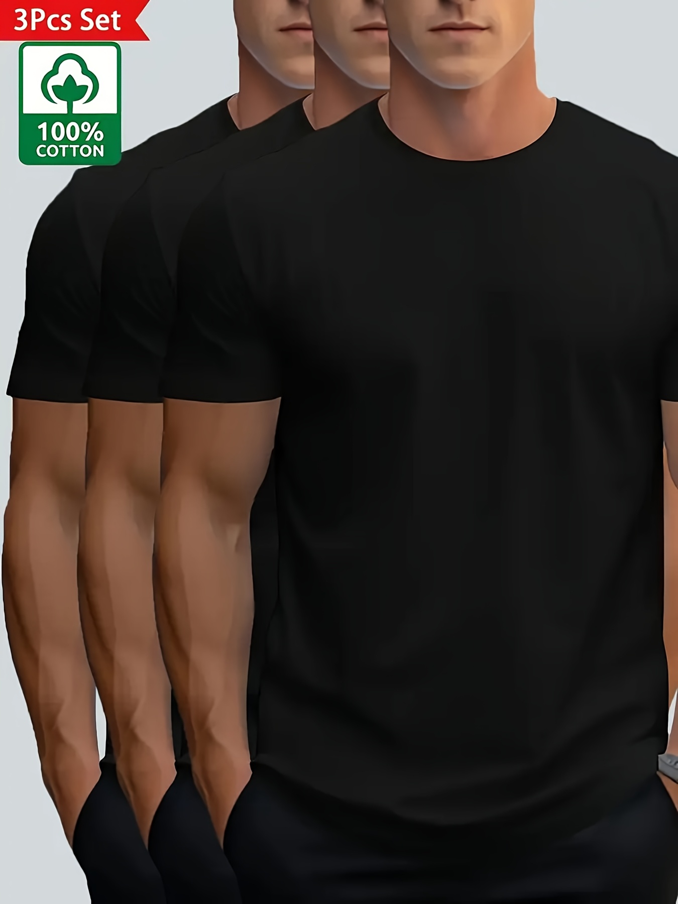 3pcs mens 100 cotton solid color t shirt tops