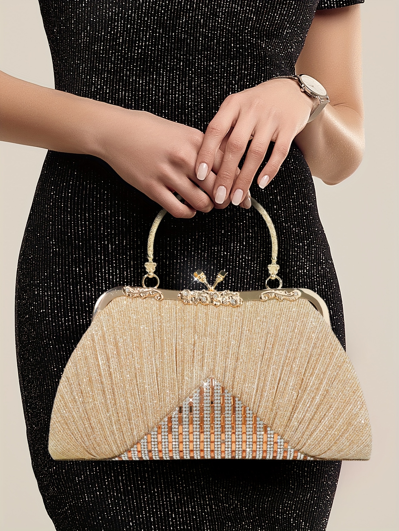 Gorgeous Rhinestone Evening Bag with Pleated Clasp Handbag, Sequined Vintage Tote Bag with Detachable Chain for Women's Dinner Party, Suitable for Parties, Dinners, Weddings