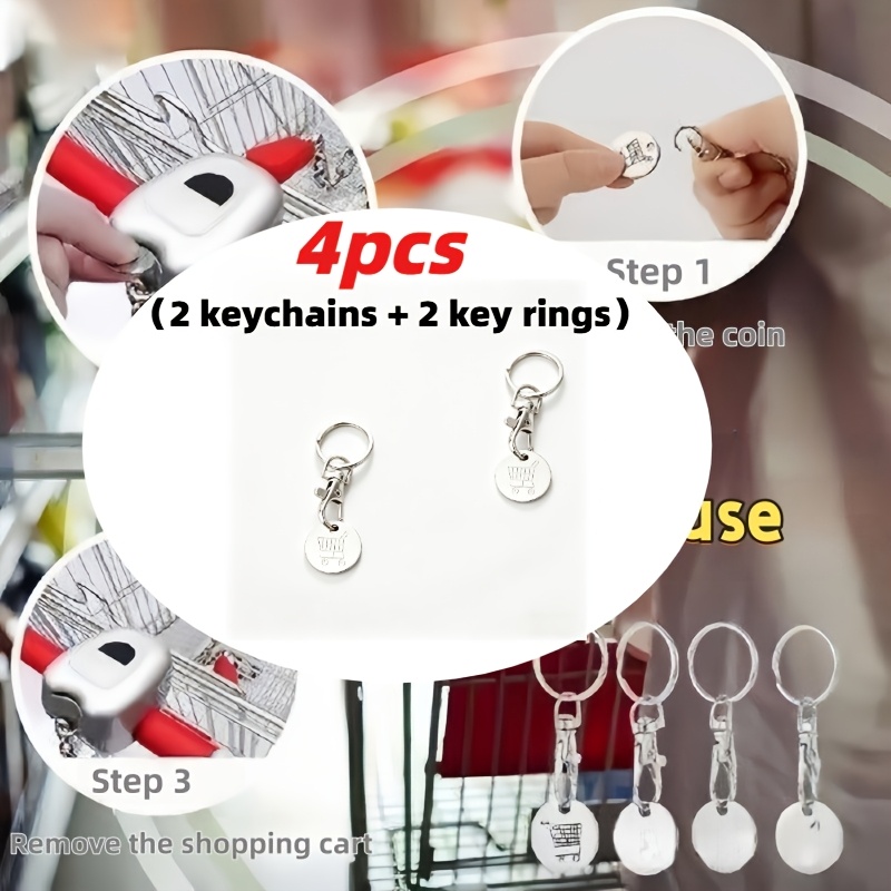 TEMU Lot de 4 porte-clés jetons de de supermarché en acier inoxydable, ensemble de jetons -perte, pendentif porte-clés, porte-clés, prêt à l'emploi.