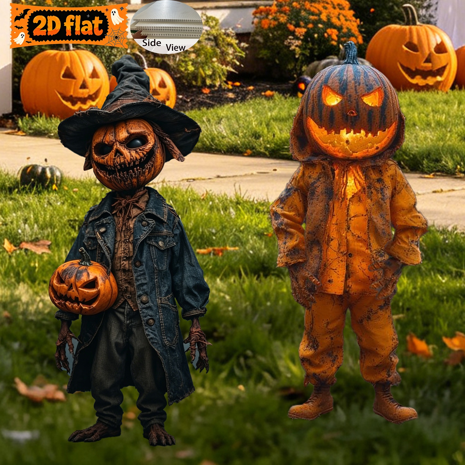 Image of 2d Flat, [2d Flat] 2d Flat 2set Halloween Yard Sign Witch Figure Outdoor Lawn Stake Spooky Bat Web Graveyard Decor Cutout Sign For Garden Porch Fall Holiday Display Large Lightweight Flat Cutout