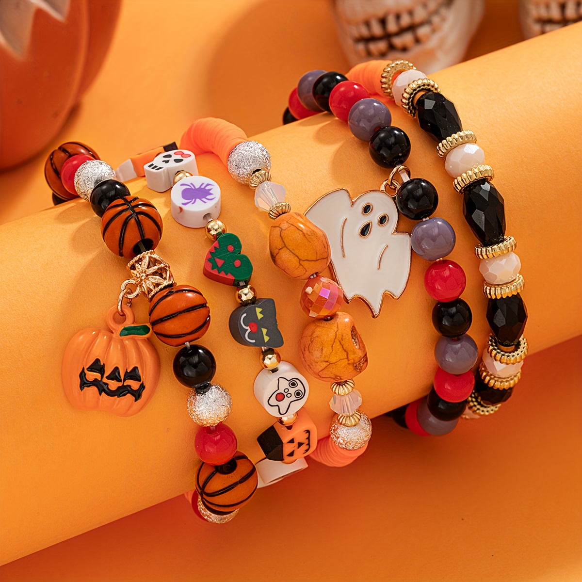 TEMU 5pcs Enamel Pumpkin Pendant Multilayer Resin Polymer Clay Beaded Bracelet Set Unisex Fashion Casual Bracelet Jewelry, Suitable For Daily Holiday