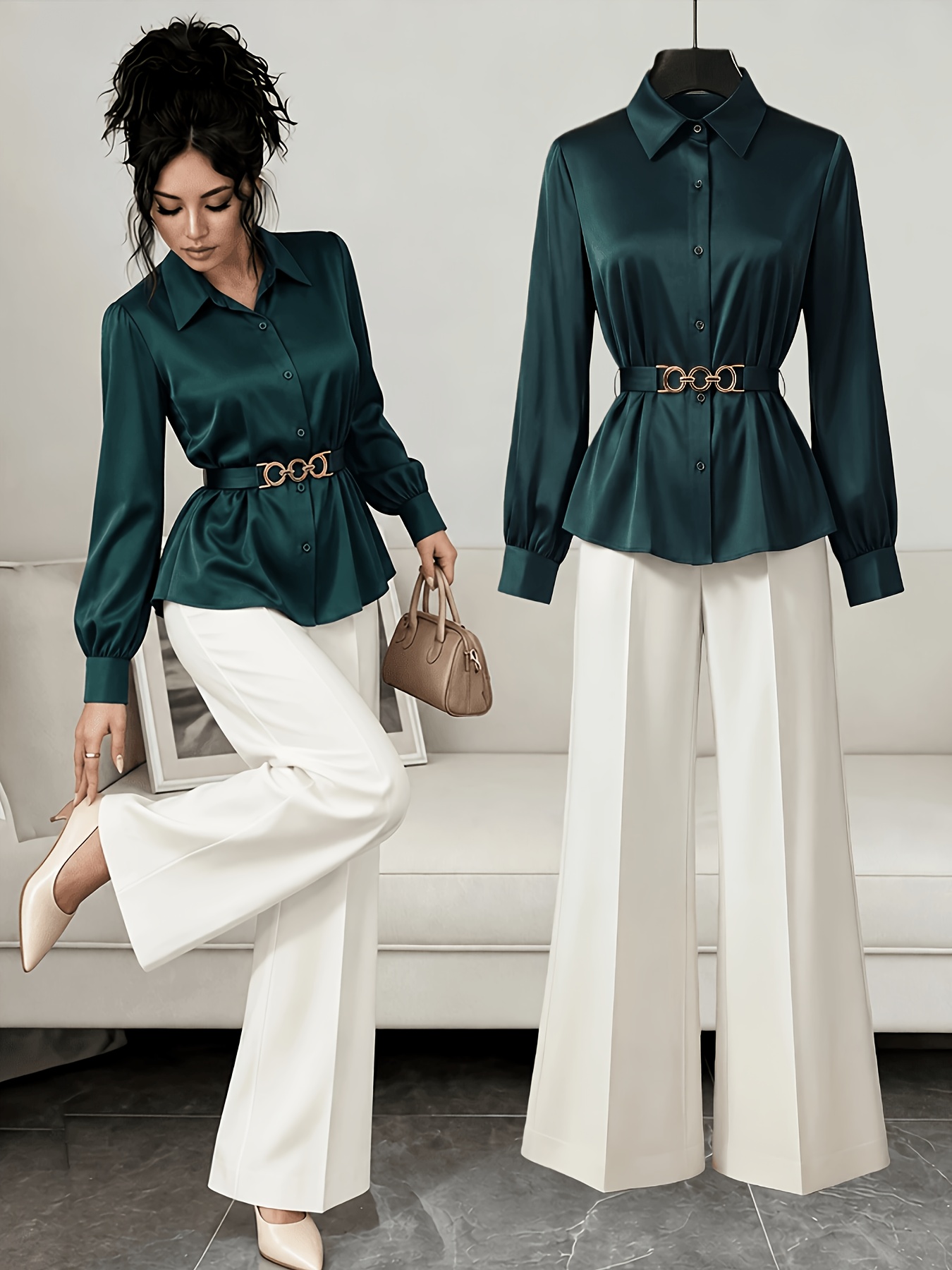 Women's 2Pcs Set, Satin Long-Sleeve Blouse With Belted Waist + High-Waist