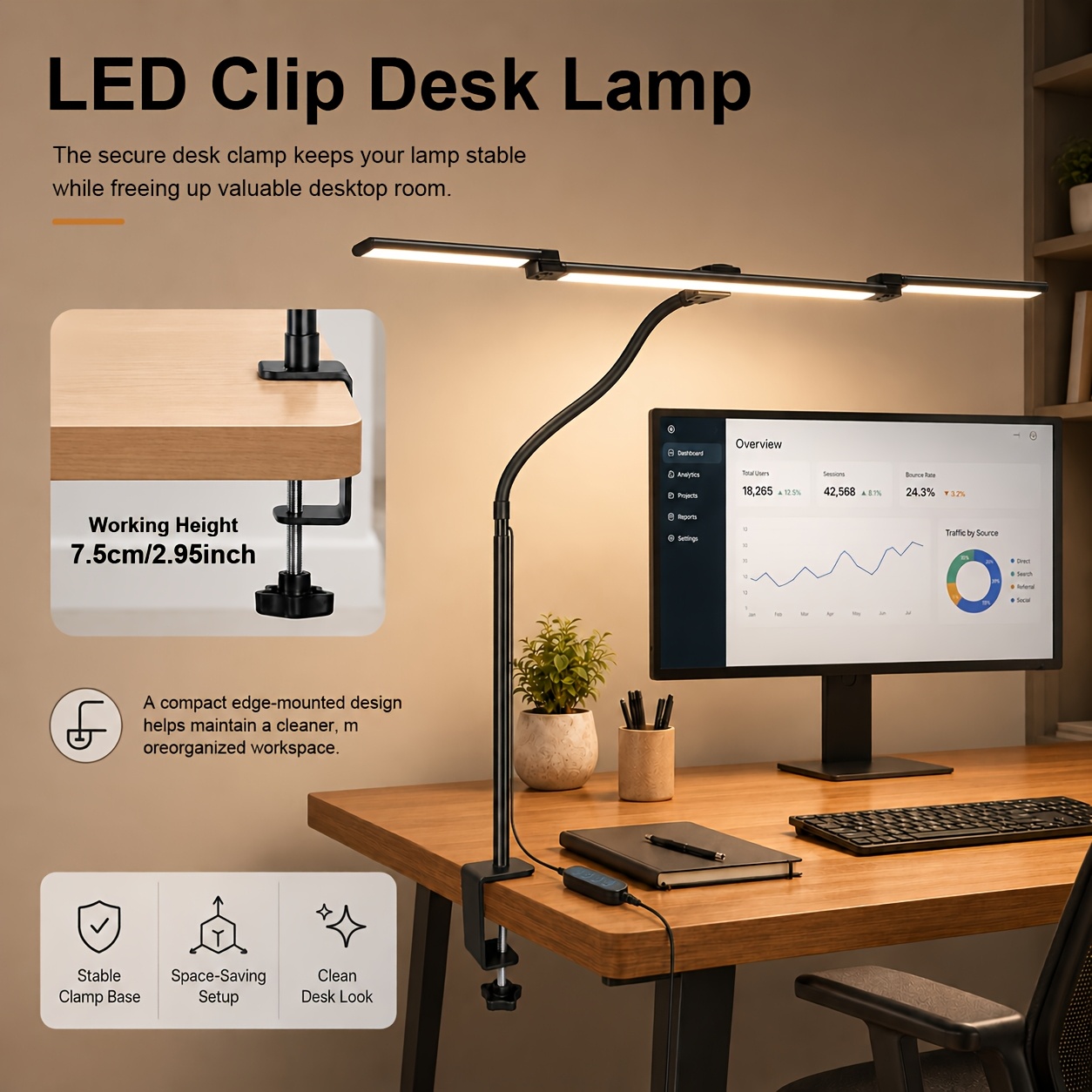 imagen del artículo lámpara de escritorio led con clip de 3 cabezales, cuello de   ajustable, luz de escritorio para el   de  , 3   de color, 10 niveles de  ,   usb - ideal para leer, estudiar y iluminación de   | diseño portátil y  , adecuada para el hogar, dormitorio u  