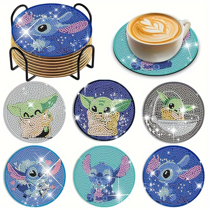 

6pcs Diy Diamond Art Painting Coaster Kit, Cartoon Anime Scooter Yoda Diamond Art Mosaic Drink Coaster, Dining Table Mat, Non-slip Coaster, Holiday Party Decoration, Handmade Gift