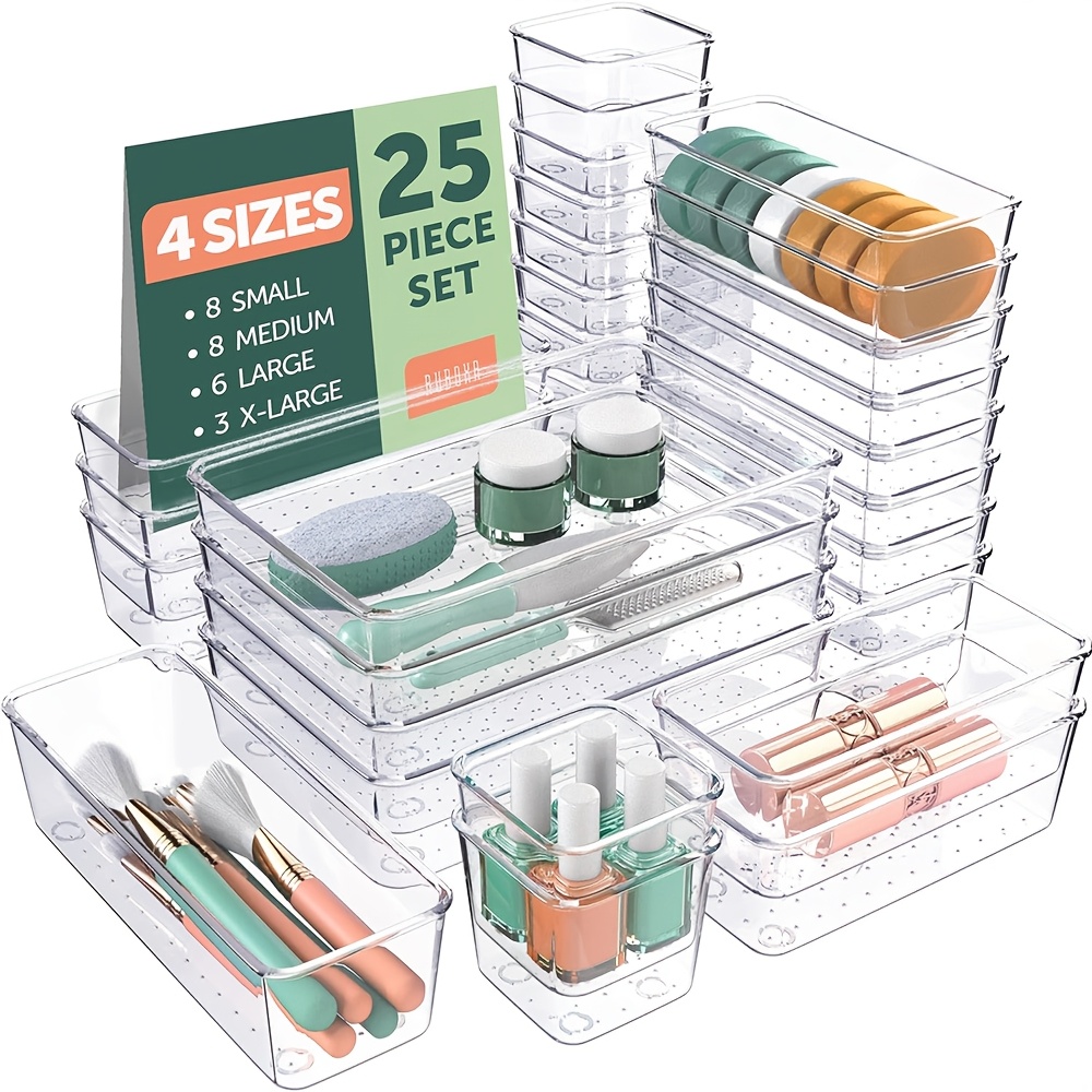 

A Set Of 25 Transparent Drawer Organizer Boxes, Multifunctional Plastic Storage Boxes, Bathroom And Dressing Table Drawer Organizer Trays, Storage , Cosmetic, Jewelry, Bedroom, Office Storage Boxes