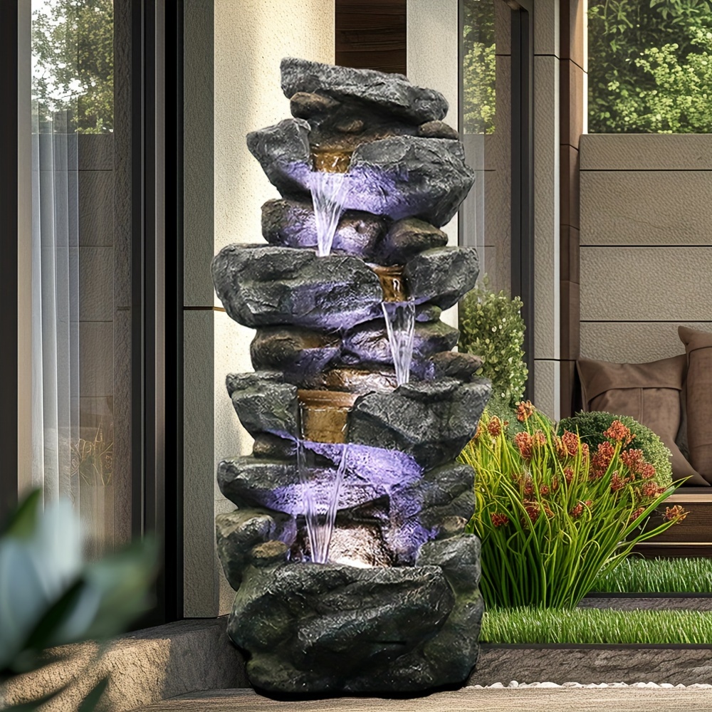 Home Outdoor 4 Tiered Bowls Waterfall Fountain deals with LED Lights & Pump, Gray