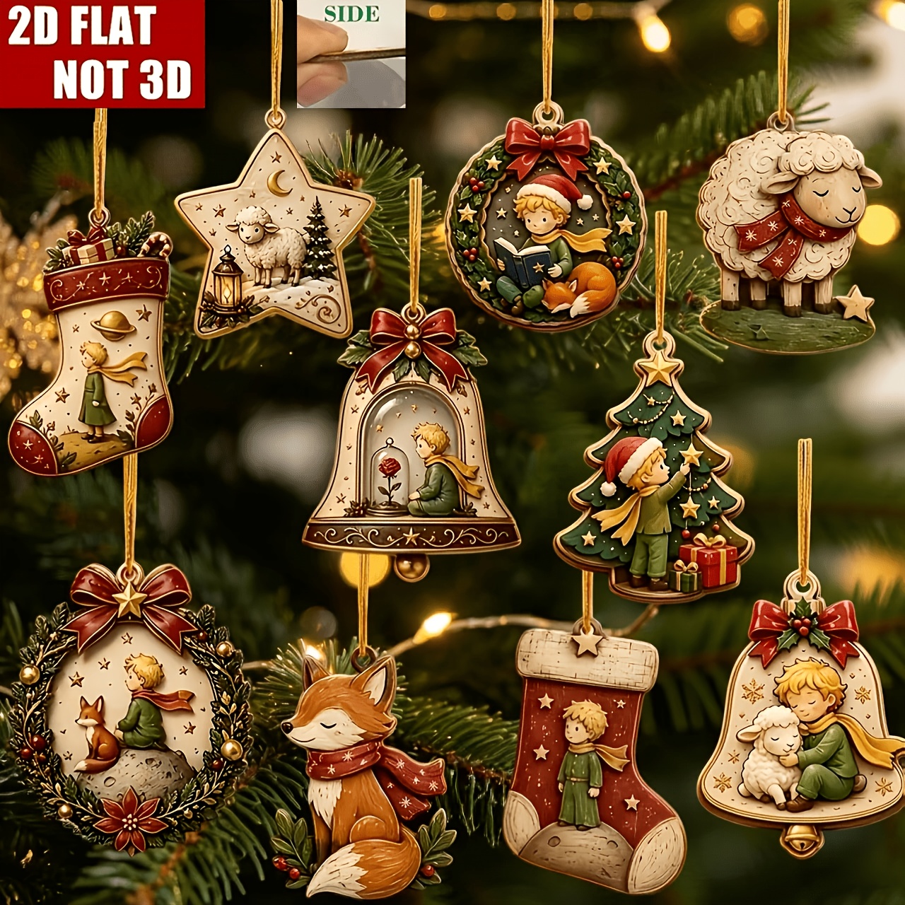 TEMU Set di 10 ornamenti natalizi 2D a tema Principe, con motivi fiabeschi vintage come Principe e la Volpe, l', , il Pianeta, la Calza di Natale, di