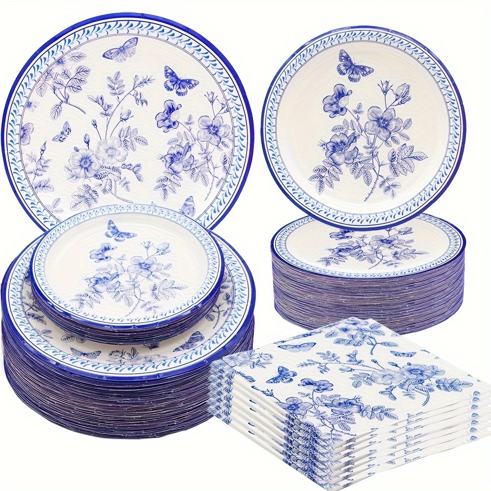 

Elegant Blue & White Floral Party Supplies Set - 75pc, Includes 9" Dinner Plates, 7" Dessert Plates & Napkins For Weddings, Bridal Showers, Birthdays & More - Serves 25 Guests