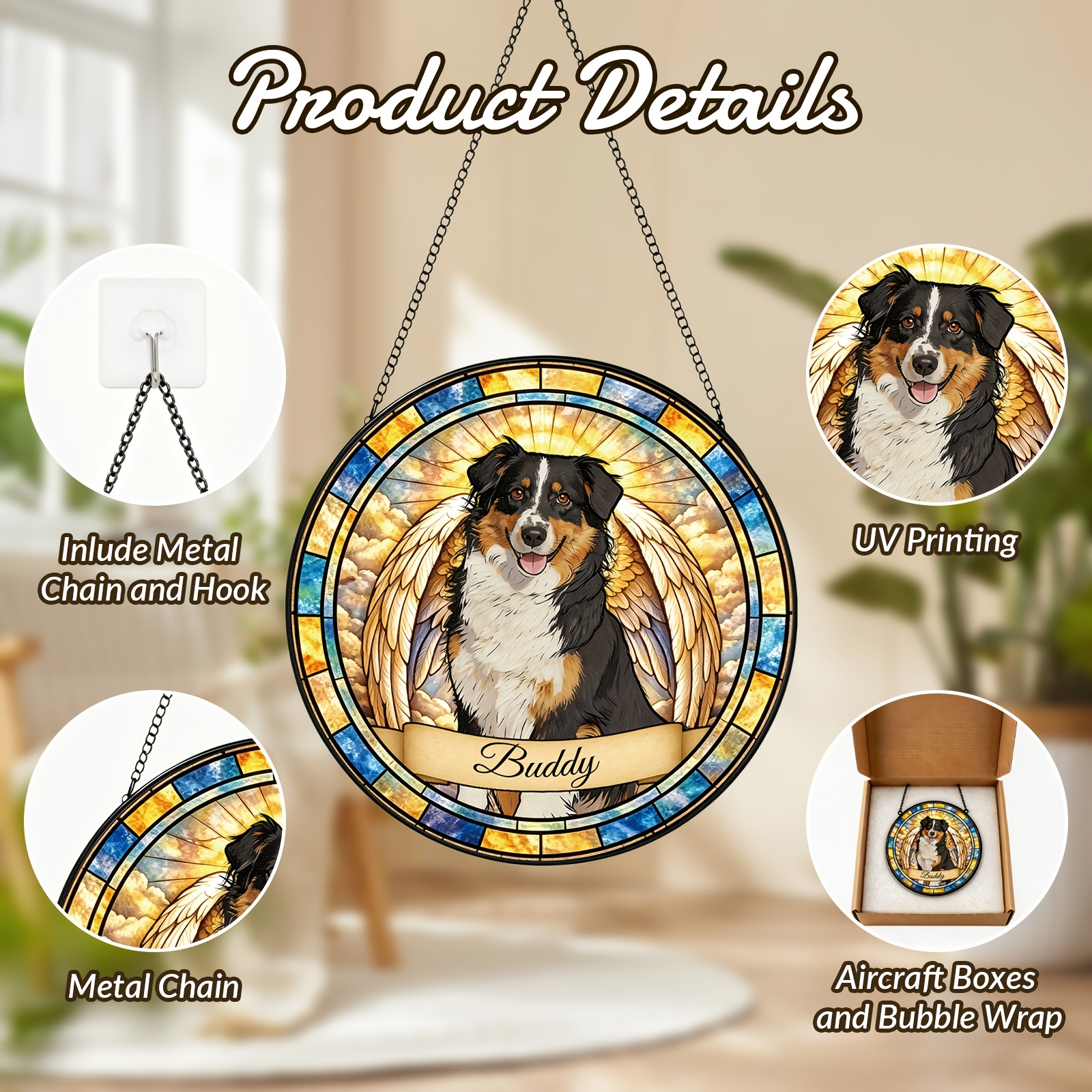 Personalized Dog Portrait Stained Sun Catcher - Custom Pet Memorial Gift with Your Dog' Name & Photo/Text, Suitable for Pet Lovers, Window Hanging Decor for,, or Pet Store Display - Sentimental