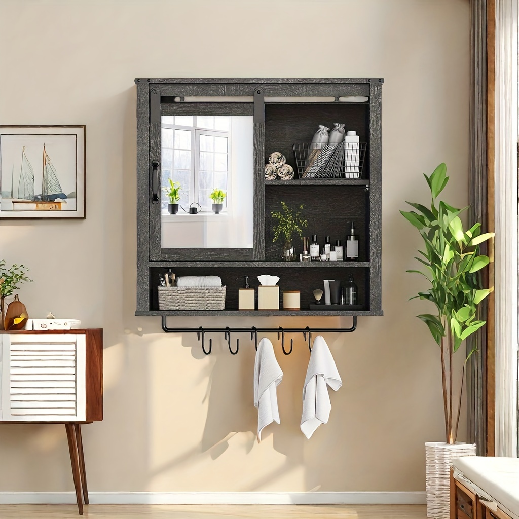 

Royalcraft Bathroom Cabinet Wall Mount With Sliding Mirror Door, Over The Toilet Storage Cabinet, Farmhouse Medicine Cabinet With Shelves And Towel Bar For Living Room, 28" W X 29" H, Dark Grey