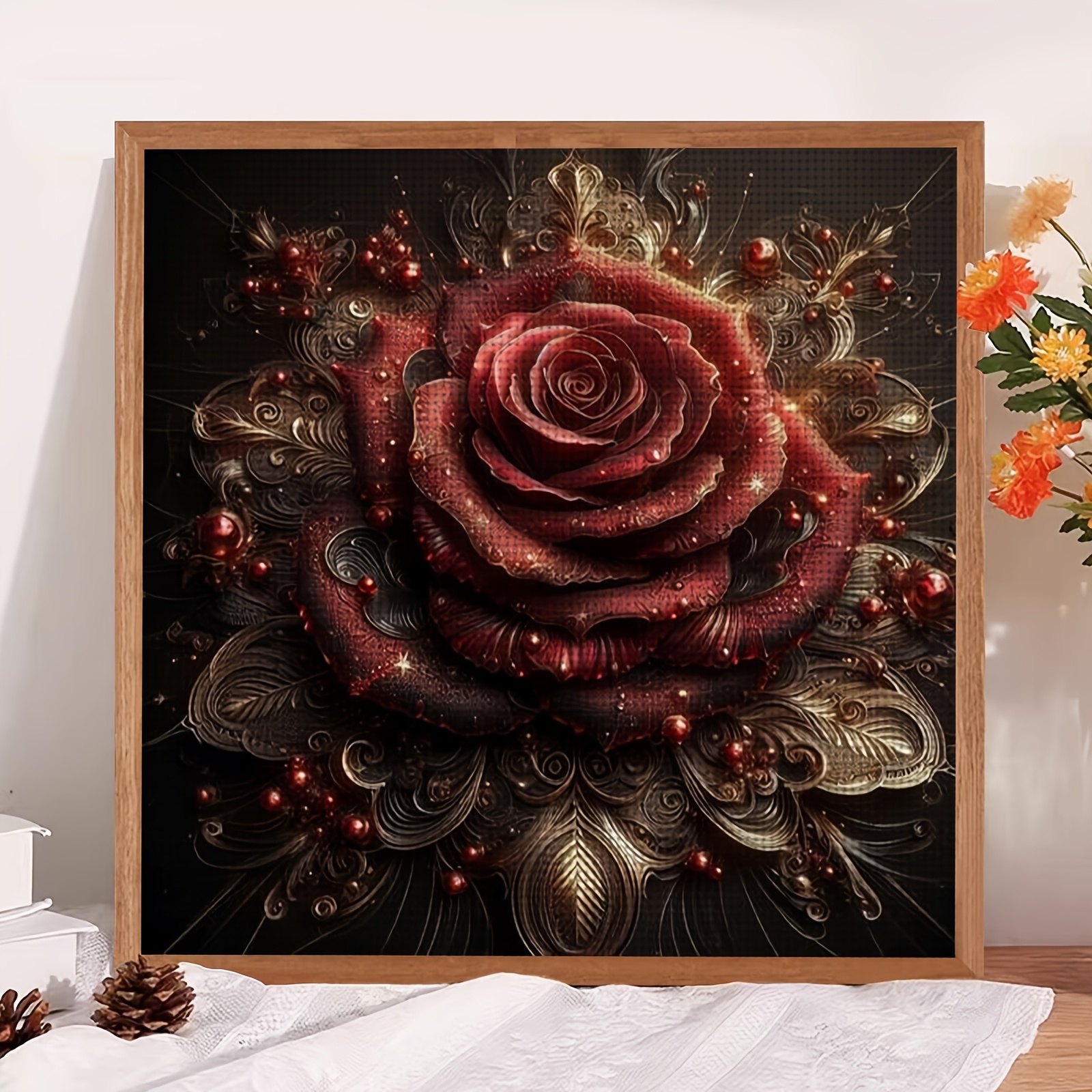 DIY Cross Stitch Print Kit, Frameless, Luxury Red Rose Decoration