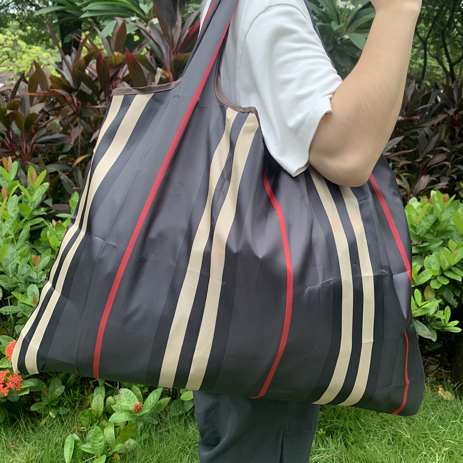 Extra-large Reusable Nylon Shopping Bag With Shoulder Strap - Foldable, High-quality Tote For Groceries & Travel, Stylish