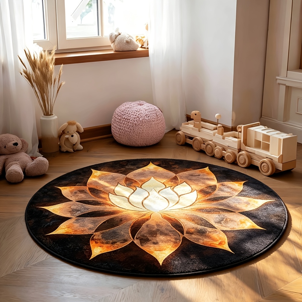 TEMU 1pc Brown And Golden- For Lotus Design Non-slip Round Entrance Rug, Bath Mat, 0.39 Inch Thickness, 540g Soft Flannel Material With Memory Foam