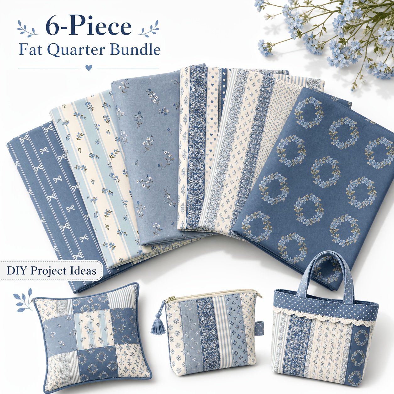 6pcs 18 21inch   combination fresh and elegant blue and white floral six piece set country style handmade   combination pack 100 polyester fiber fabric suitable for handmade projects personalized wallets