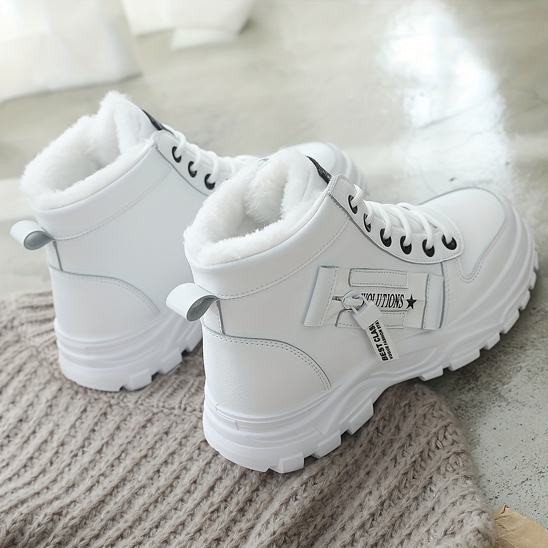 Botas de invierno para mujer CNSN, con forro polar, suela de goma, tacón medio, color negro y blanco, ideales para salidas casuales, viajes y actividades al aire libre, calzado de invierno, botas de invierno con estilo, interior con forro polar